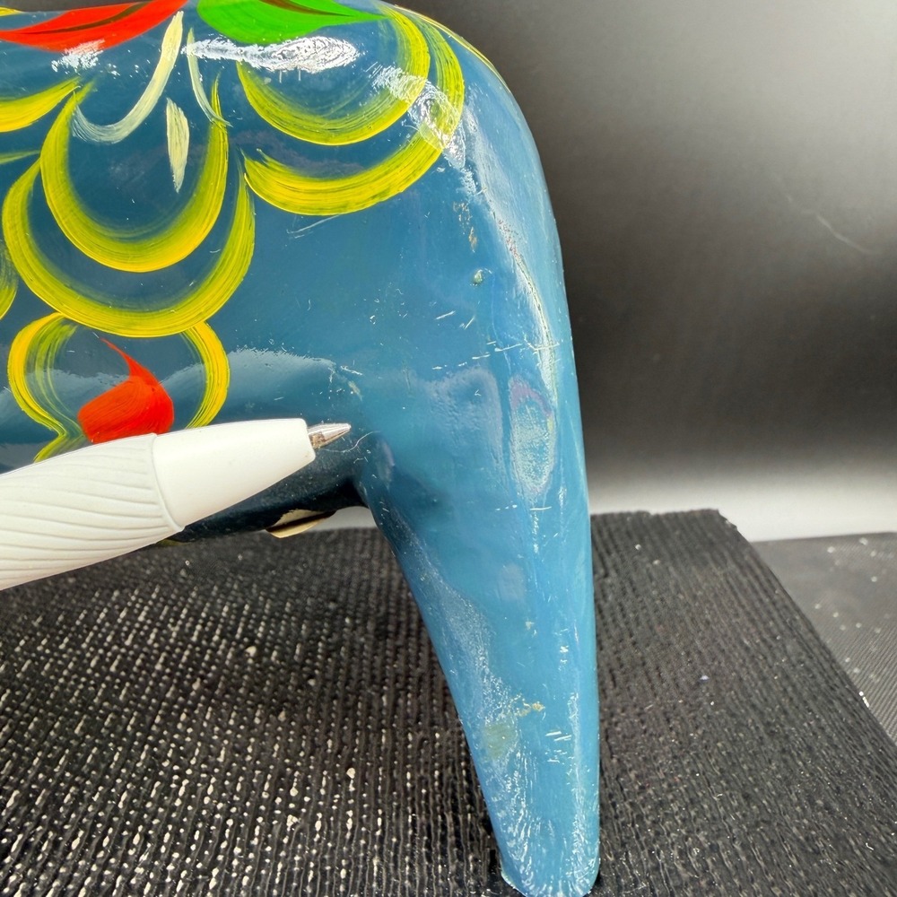 Vintage Akta Dalahemslojd Swedish Dala Horse Blue Hand Painted Wood Folk Art 7" - Picture 4 of 15